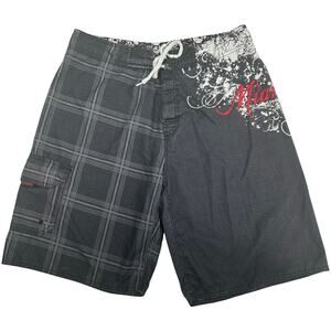 VTG y2k Men's Grey Skull Miami Ink Cargo Surf Beach Swim Suit Board Shorts 34x10